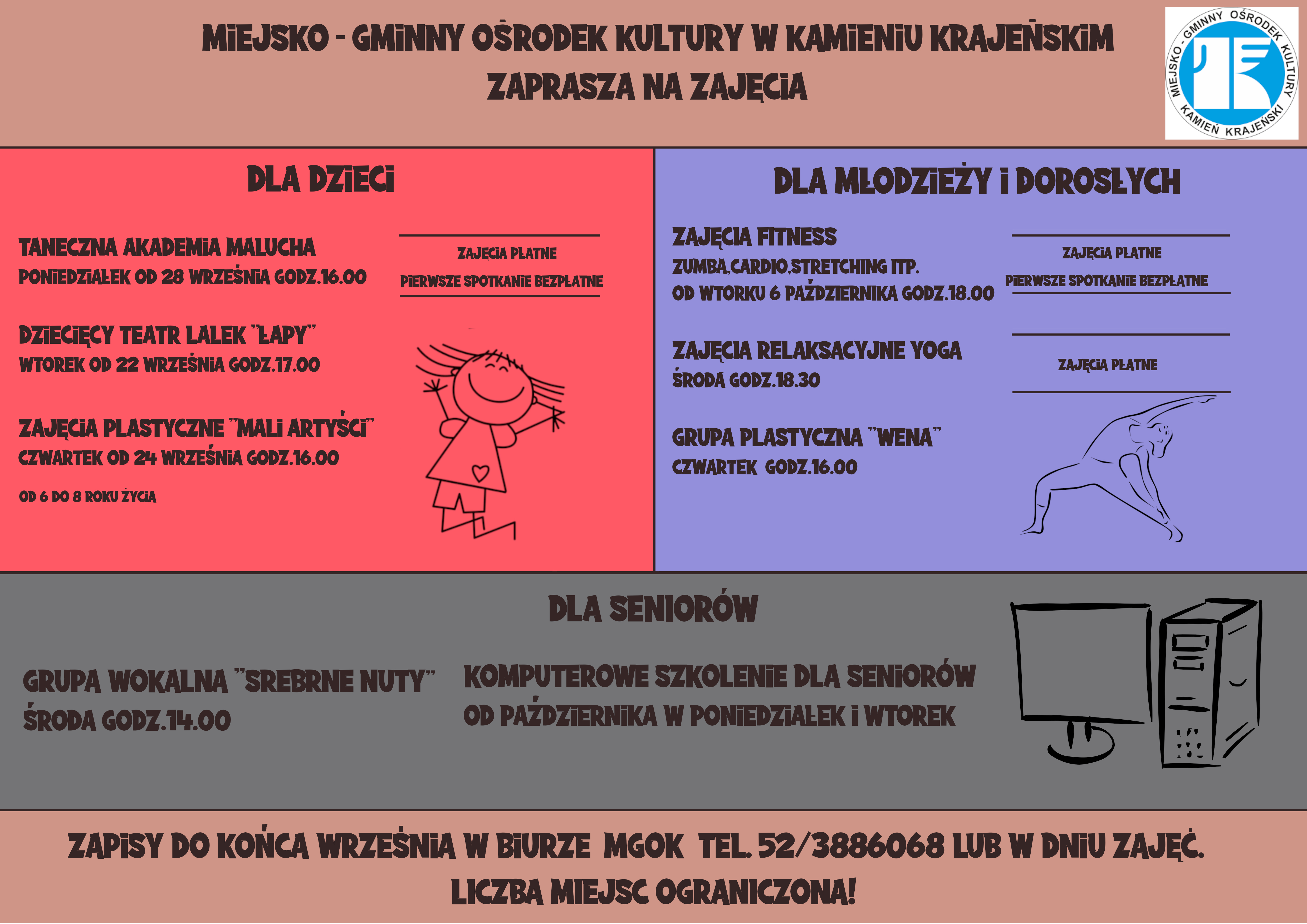 Plakat informacyjny o zajęciach dla dzieci, młodzieży i dorosłych w Miejsko-Gminnym Ośrodku Kultury w Kamieniu Krajeńskim