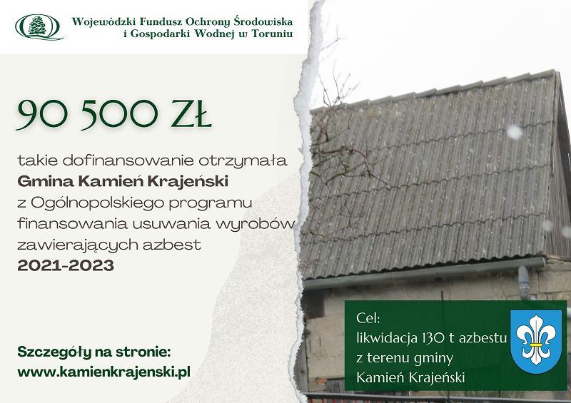 Informacja o otrzymanym dofinansowaniu na usuwanie azbestu z gminy Kamień Krajeński 