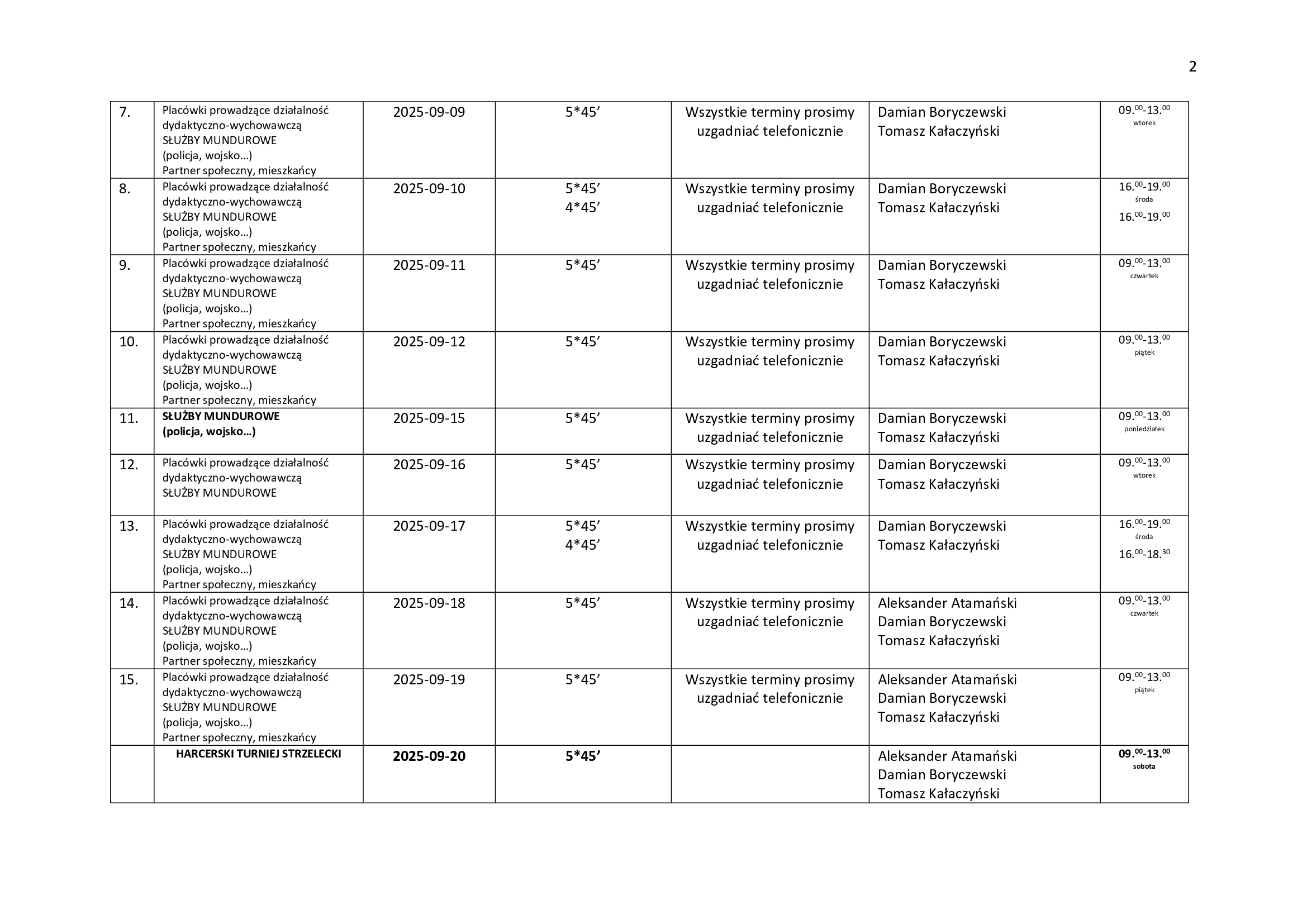 harmonogram wrzesień 2