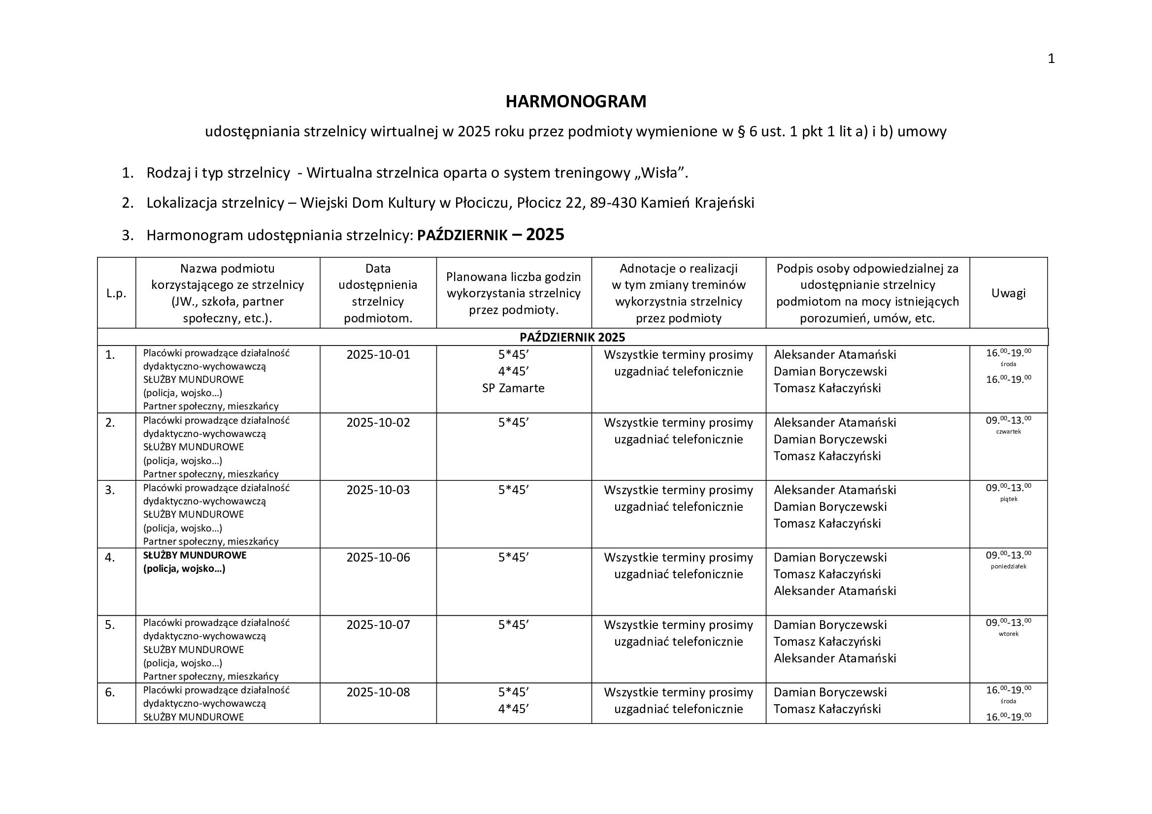 harmonogram październik 1